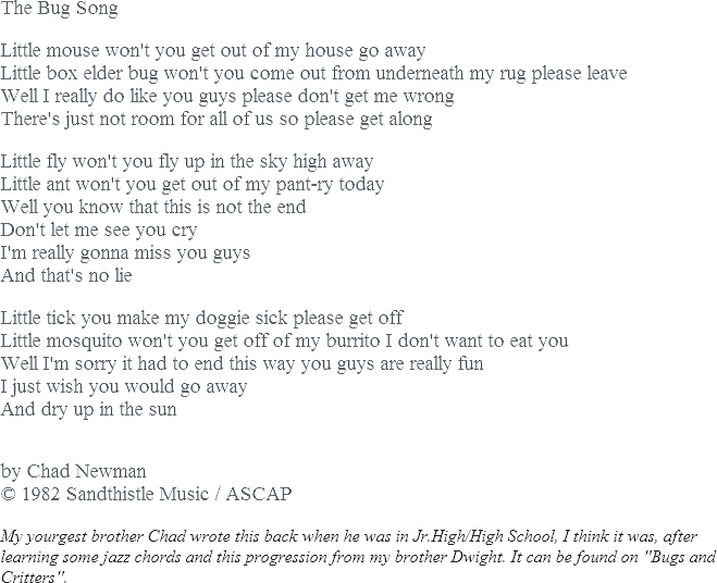 Bugs and Critters, Doug Newman, Song Lyrics